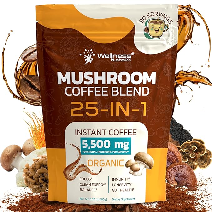 Mushroom Coffee Organic Instant Coffee, 25-in-1, Third-Party Tested Keto Friendly Lions Mane
