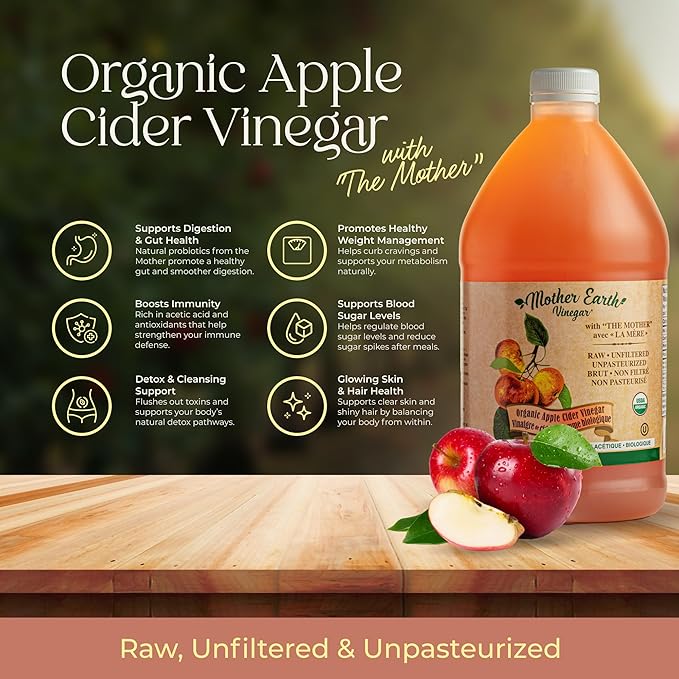 Mother Earth, Organic Apple Cider Vinegar with The Mother, Half Gallon, Fresh Pressed Organic