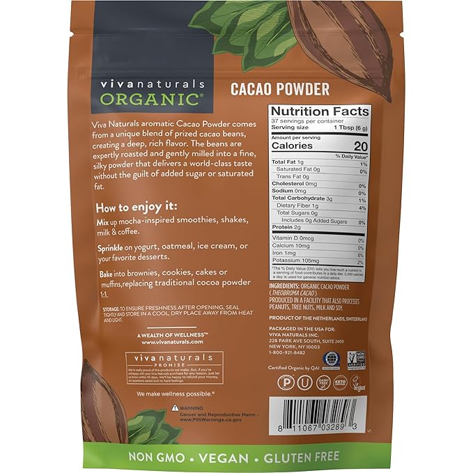 Viva Naturals Organic Cacao Powder, 8 oz - Unsweetened Cocoa Powder With Rich Dark Chocolate
