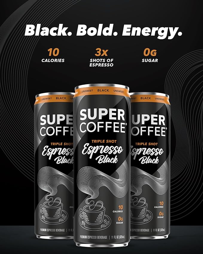 SUPER COFFEE Espresso, Iced Keto Coffee (0g Added Sugar, 10 Calories) [Triple Shot Black] 11 Fl Oz