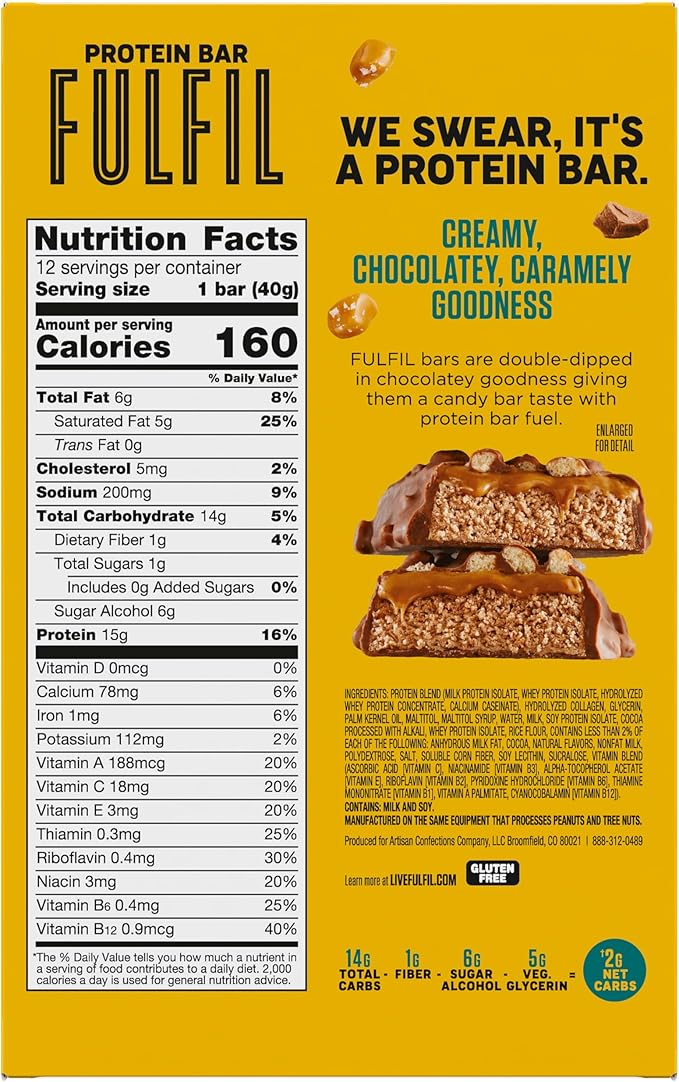 FULFIL Protein Snack Bars, Chocolate Salted Caramel Flavored, Gluten Free with 15g Protein, Pantry