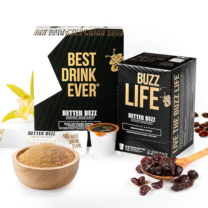 Better Buzz Best Drink Ever Vanilla Latte Single Serve Kit 24ct.,12 Medium Roast Coffee Pods (Buzz