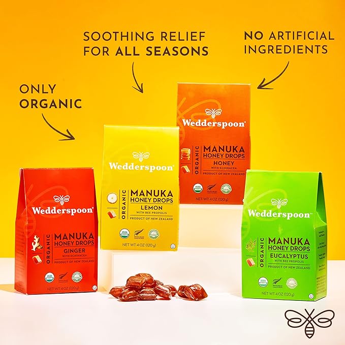 Wedderspoon Organic Manuka Honey Drops, Variety Pack, 4 Oz (Pack of 6) - Genuine New Zealand Honey