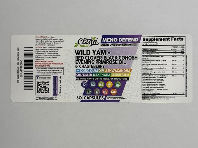 Clean Nutra Wild Yam Root Capsules with Red Clover Black Cohosh Evening Primrose Oil Chasteberry
