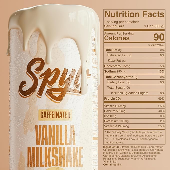 High Protein Vanilla Milkshake with 60mg Caffeine & 20g Protein - 90 Calories, Ready to Drink