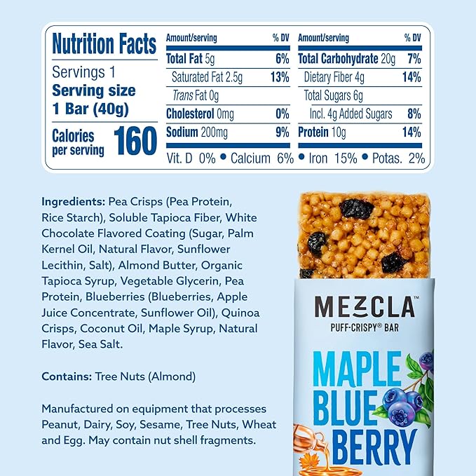 Mezcla Vegan Protein Bars, Gluten Free Snack Made with Pea Protein, Organic Vanilla, Blueberries