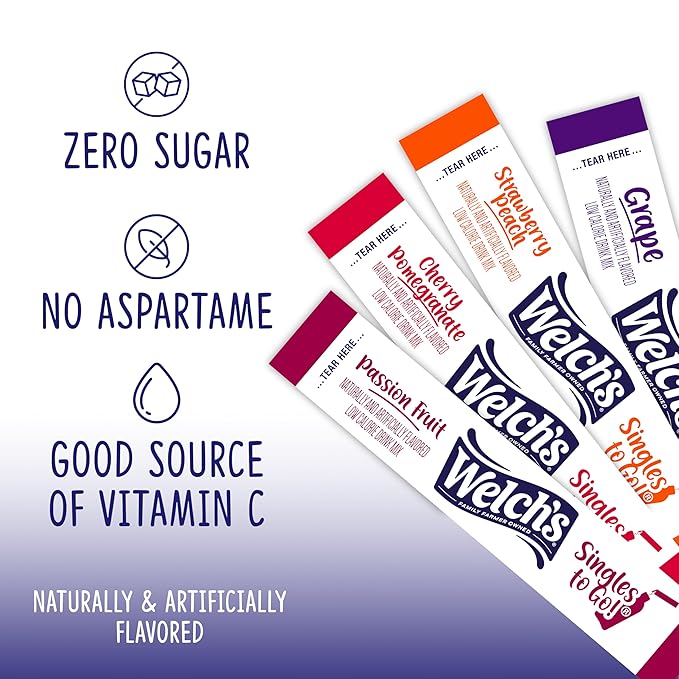 Welch's Singles To Go Variety Pack, Watertok Powdered Drink Mix, Includes 4 Flavors, Grape, Passion