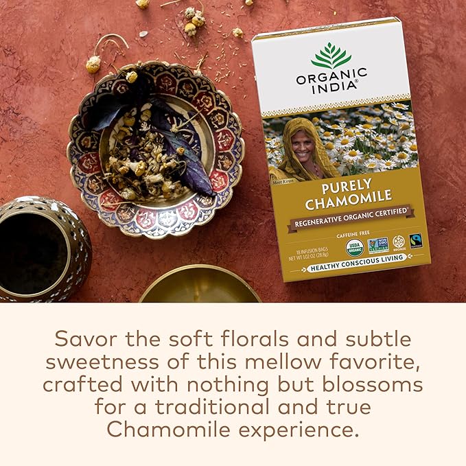 Organic India Purely Chamomile Tea- Regenerative Organic Chamomile Flowers, Caffeine Free, Calming