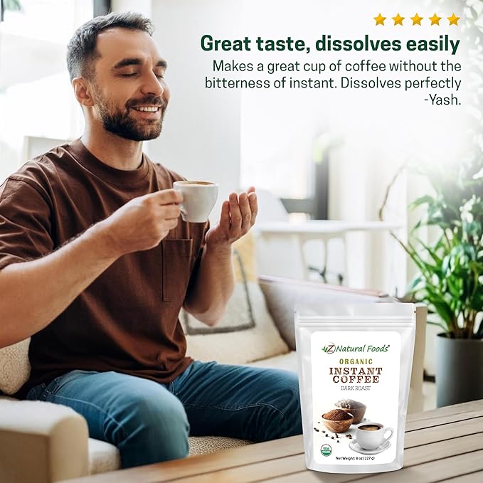 Z Natural Foods Organic Instant Coffee Powder - Rich Dark Roast Flavor, Arabica Instant Espresso