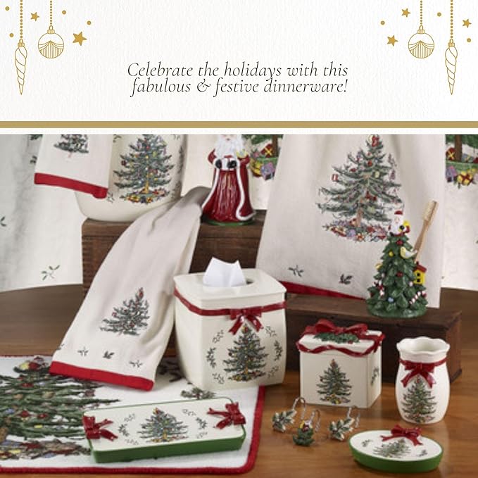 Spode Christmas Tree Ribbons Square Platter with Bow Handles - 11-Inch Holiday Serving Plate for