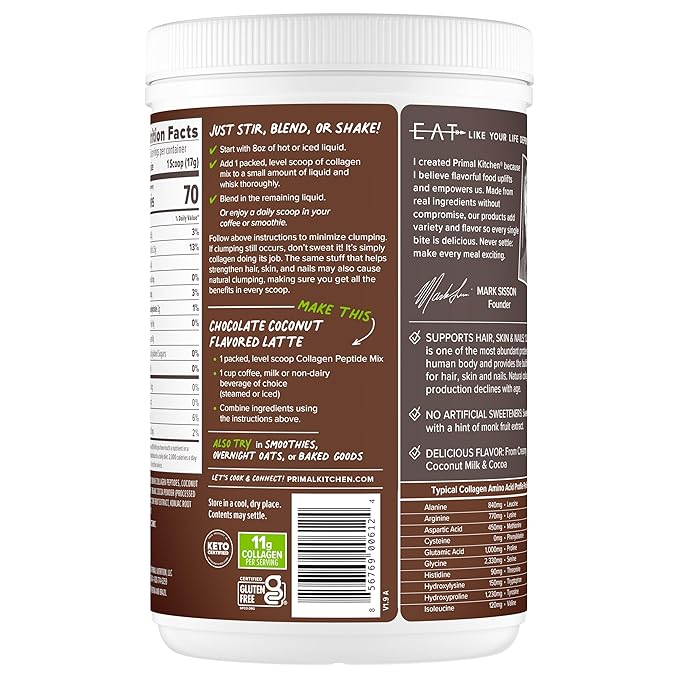 Primal Kitchen Chocolate Collagen Fuel® Drink Mix, Chocolate Coconut Collagen Peptides, No Dairy or