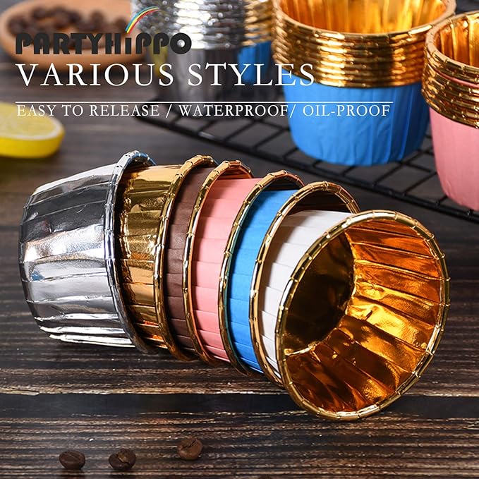 Party Hippo Disposable Foil Muffin Liners, Gold Aluminum Cupcake Ramekin Holders, Little Baking
