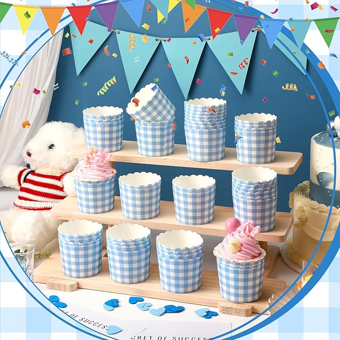 Vesici 150 Pcs Blue Gingham Ice Cream Cups 5oz Dessert Paper Bowls Gingham Scalloped Cupcake Cups