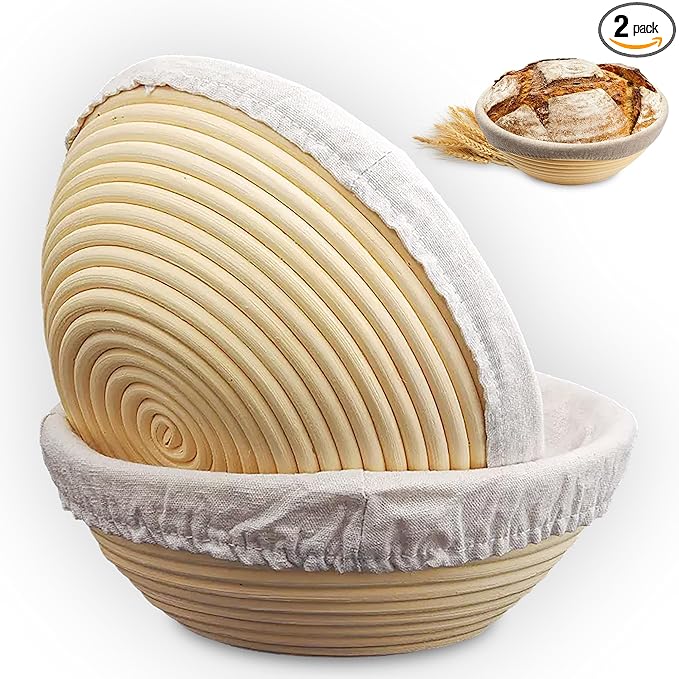 Banneton Bread Proofing Basket Set of 2, 9 Inch Round Sourdough Basket with Liners, Handmade Rattan