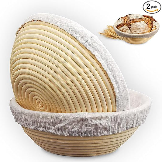 Banneton Bread Proofing Basket Set of 2, 9 Inch Round Sourdough Basket with Liners, Handmade Rattan