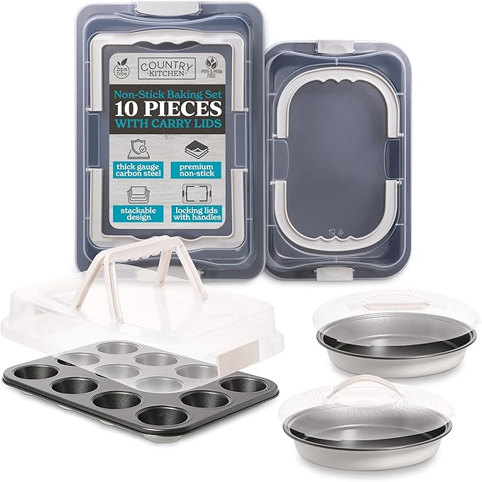 Country Kitchen Baking Pans Set - 10 Piece Non-Stick Cake Pans with Carry Lids for Easy Storage &