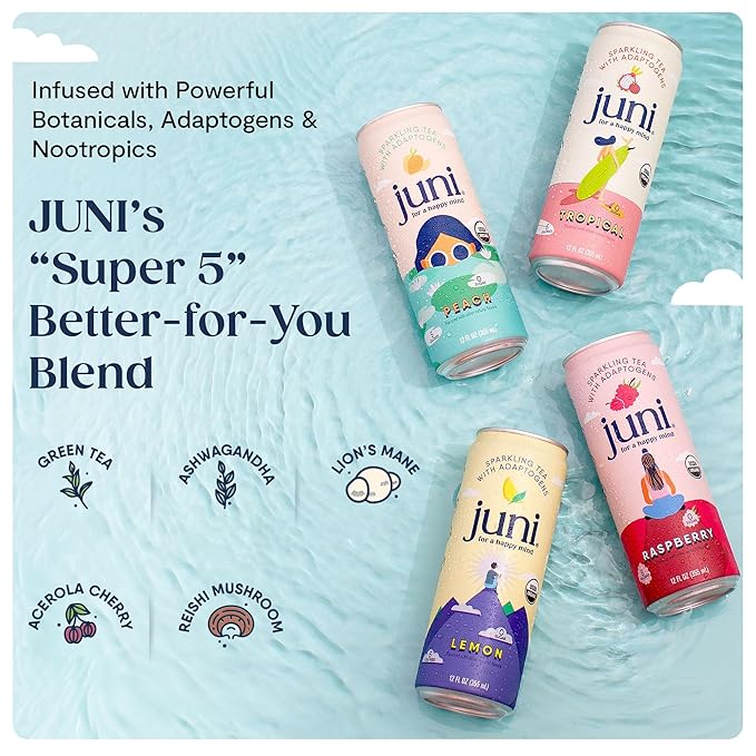 Juni Sparkling Adaptogen Drink with Ashwagandha, Lion’s Mane & Reishi Mushrooms | Green Tea for