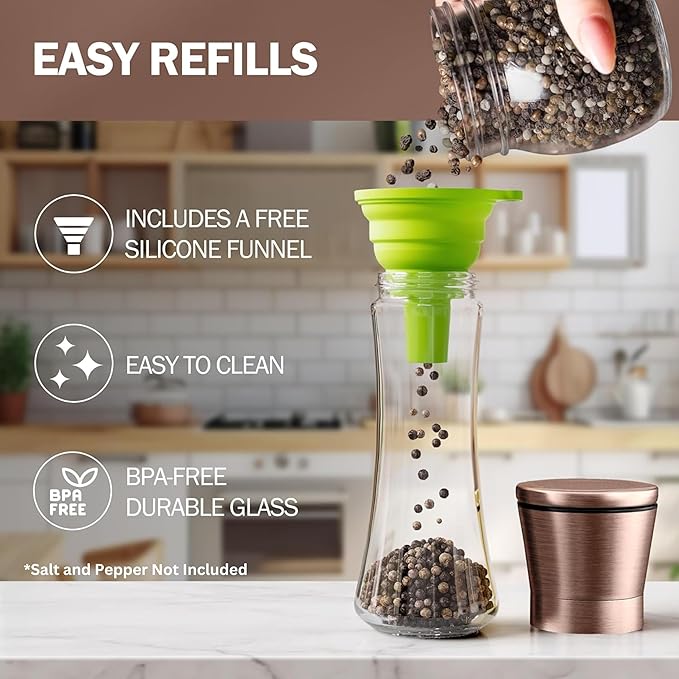 Home EC Original Copper Salt and Pepper Grinder Set of 2 - Adjustable Ceramic Grinder - Tall Glass
