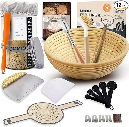 Complete Sourdough Starter Kit and Sourdough Bread Baking Supplies - Includes 9" Banneton Proofing