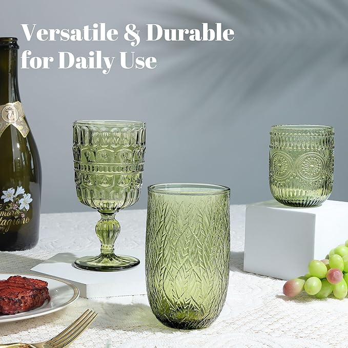 Joeyan Vintage Drinking Glasses Set of 4,9 oz Green Embossed Sunflower Small Water Glass Tumbler