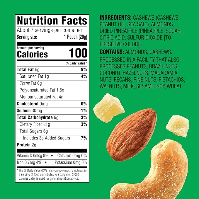 Emerald Nuts Cashews and Almonds with Dried Pineapple 7 Ct (1-Pack), 100-Calorie Individual Packs