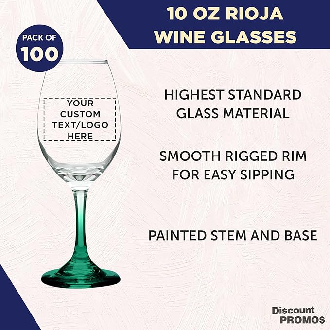 Custom Rioja Wine Glasses with Stem 10 oz. Set of 100, Personalized Bulk Pack - Color Bottom