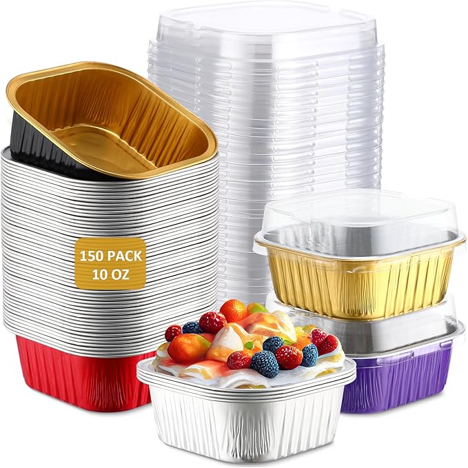 Aoriher 150 Pieces 10 oz Mini Cake Pans with Lids Aluminum Foil Baking Cups Square Disposable 4" x