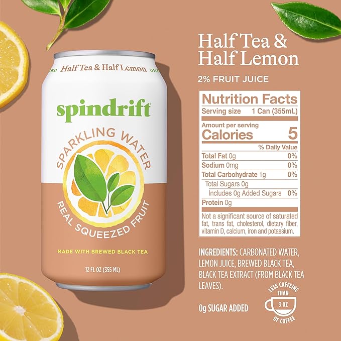 Spindrift Sparkling Water, Half Tea & Half Lemon Flavored, Made with Real Squeezed Fruit, 12 Fl Oz