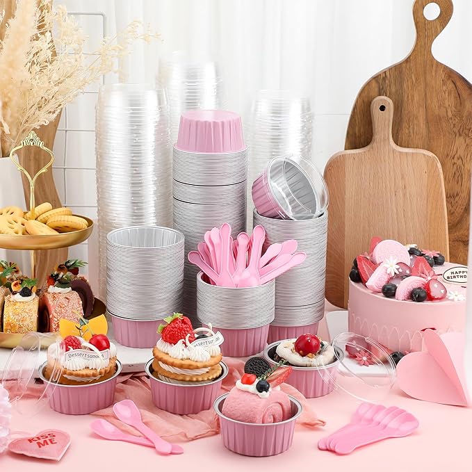Hushee 600 Pcs Aluminum Foil Baking Cups with Lids and Spoons 5oz Disposable Ramekins Dessert