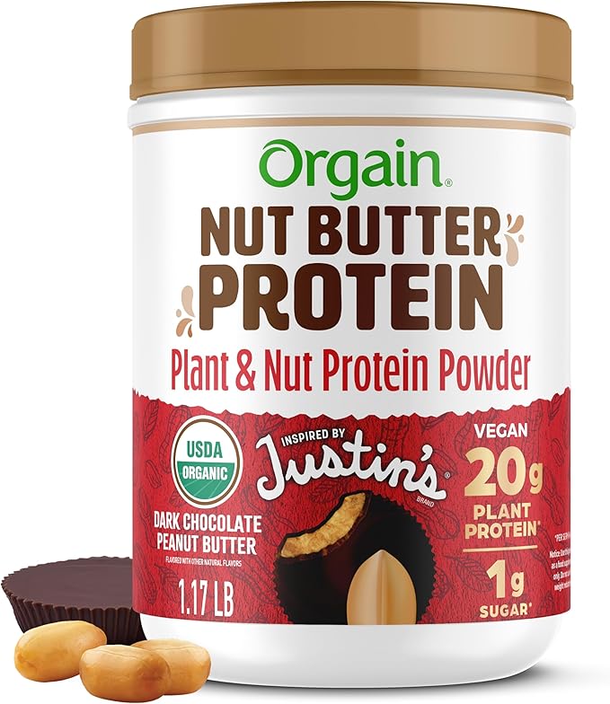 Orgain X Justin's 짰 Organic Vegan Nut Butter Protein Powder, Chocolate Peanut Butter- 20g Plant