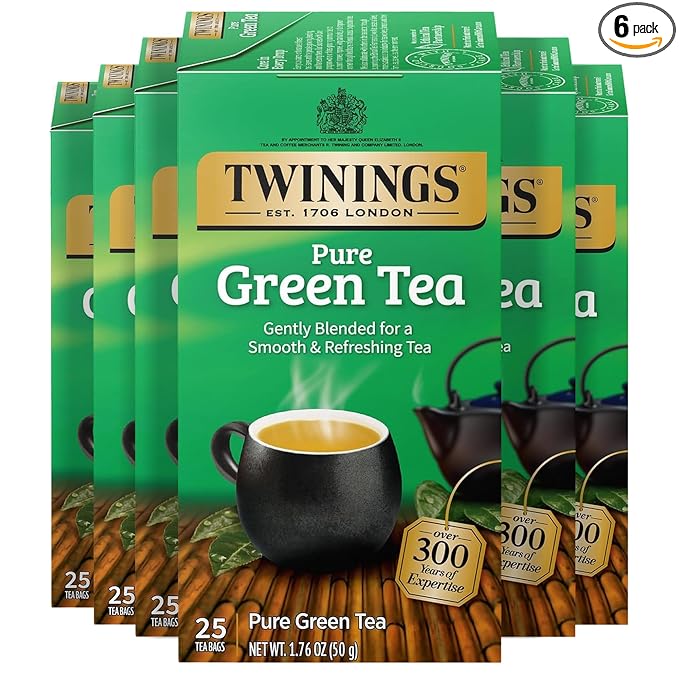 Twinings Pure Green Tea Individually Wrapped Bags, 25 Count (Pack of 6), Smooth Flavour, Enticing