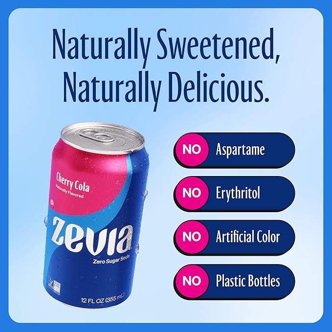 Zevia Zero Sugar Soda, Cherry Cola, 12 oz Cans (24-Pack) ??Naturally Sweetened, Non-GMO Project