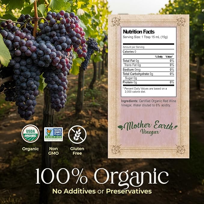 Mother Earth, Organic Red Wine Vinegar with The Mother, Fresh Pressed Organic Cabernet Grapes