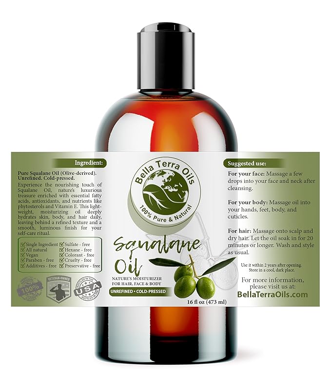 Bella Terra Oils - Organic Squalane Oil 16 oz - Pure Organic Squalanes Extract, Enriched with