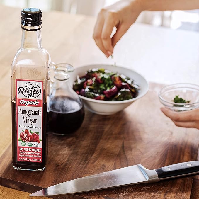 De La Rosa Organic Pomegranate Vinegar, Pure & Unfiltered, Vegan, Gluten Free & Kosher, Great for