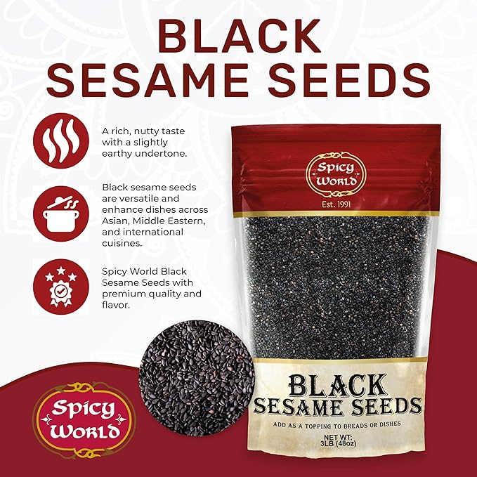 Raw Black Sesame Seeds 3 LB Bag - Natural - By Spicy World