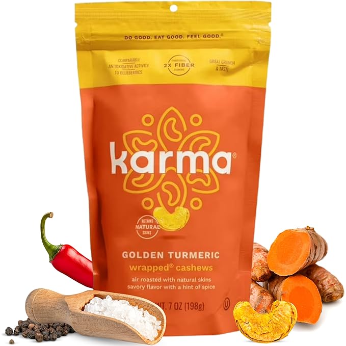 Golden Turmeric Wrapped Whole Cashews by Karma Nuts, Air Roasted with Natural Skins, 2X more Fiber