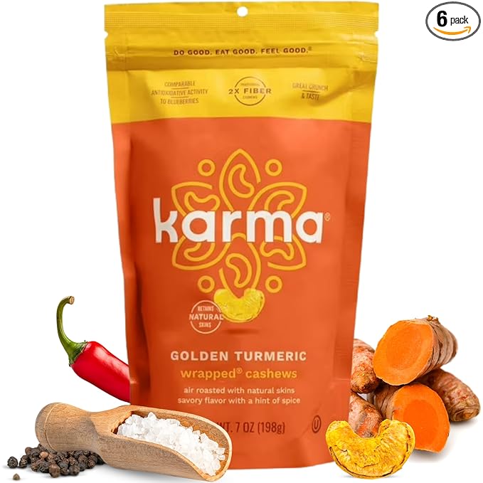Golden Turmeric Wrapped Whole Cashews by Karma Nuts, Air Roasted with Natural Skins, 2X more Fiber