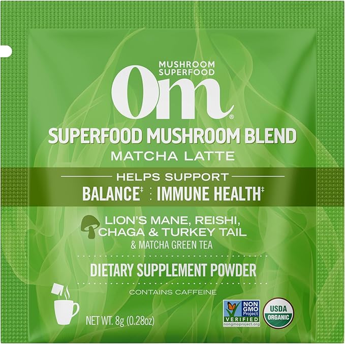 OM MUSHROOM SUPERFOOD Matcha Latte Blend Mushroom Powder, Single Serve, 10 Count, Green Tea, Lion's