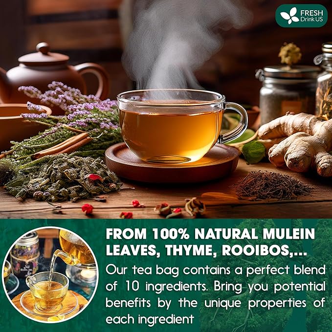 FreshDrinkUS, StrongerLungs 40 Tea Bags - Mullein Leaf, Ginseng, Elderberry, Ginger & Thyme