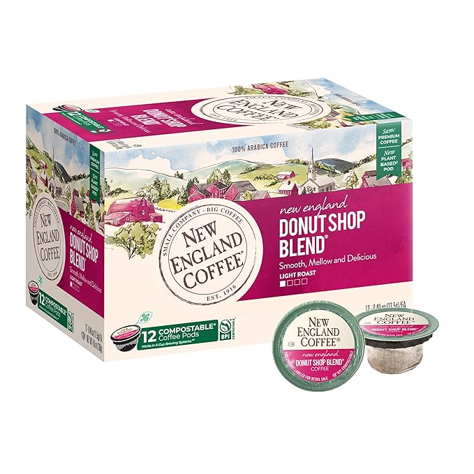 New England Coffee Donut Shop Blend Light Roast Single Serve Pods, 12ct Box (Pack of 1)