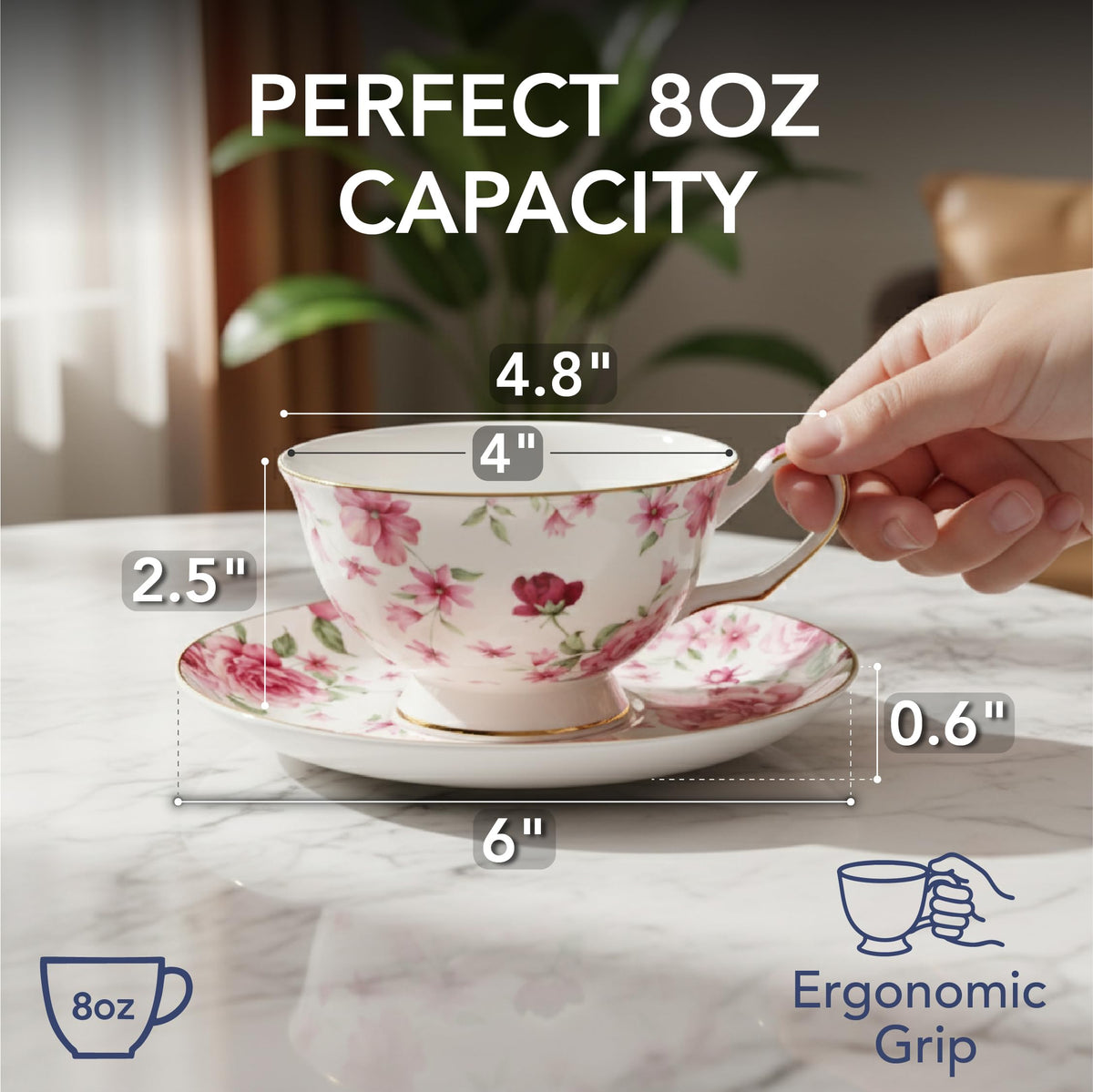 BTaT- Floral Tea Cups and Saucers, 8 oz, Set of 6
