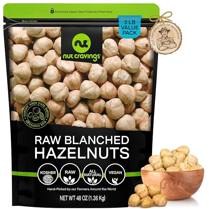NUT CRAVINGS - Raw Blanched Hazelnuts Filberts - Unsalted, Shelled, (48oz - 3 LB) Bulk Nuts Packed