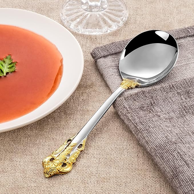 KEAWELL Gorgeous Round Soup Spoon, Set of 4, 18/10 Stainless Steel, Luxury Bouillon Spoon