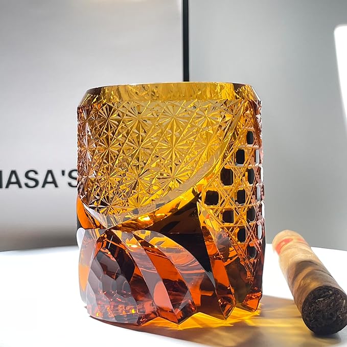 suigetsu Japanese Crystal Whiskey Glass, Cut Crystal Pattern, Luxury Cocktail Glassware (Amber)