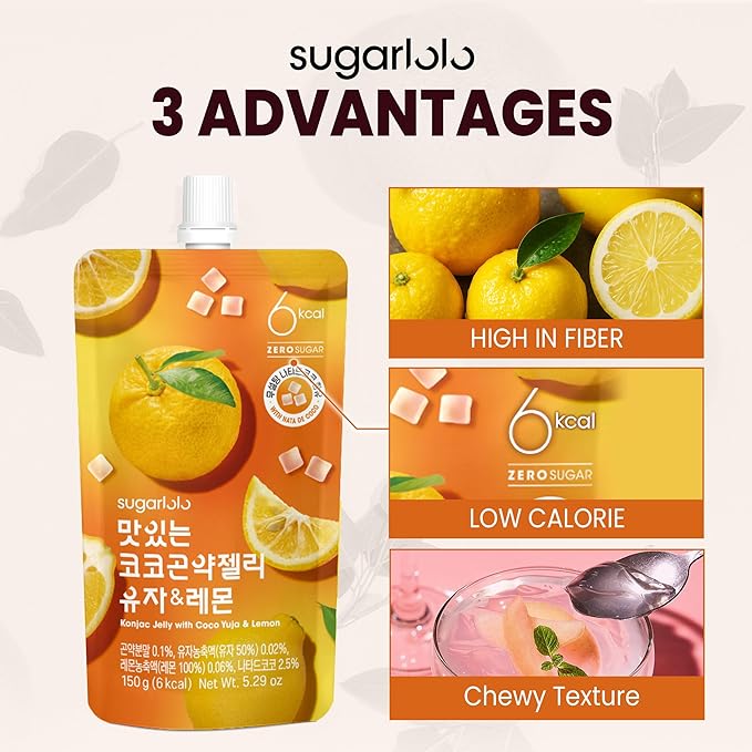 Sugarlolo Konjac Sweet Coco Yuzu & Lemon Jelly Snack - Vegan Jello with Zero Sugar | Only 6
