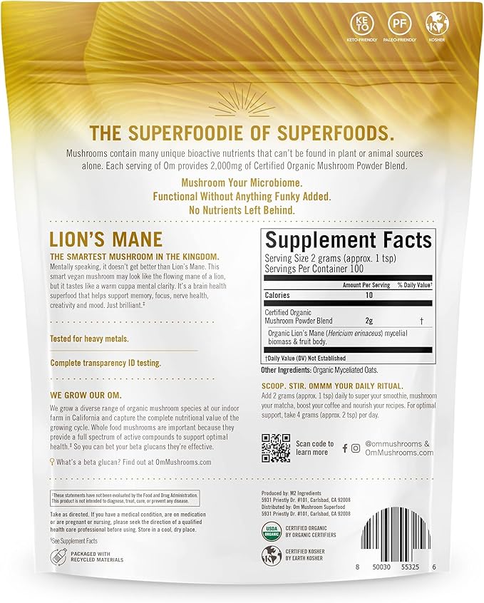 OM MUSHROOM SUPERFOOD Lion's Mane Organic Mushroom Powder, Improves Memory, Focus, Clarity, Nerve