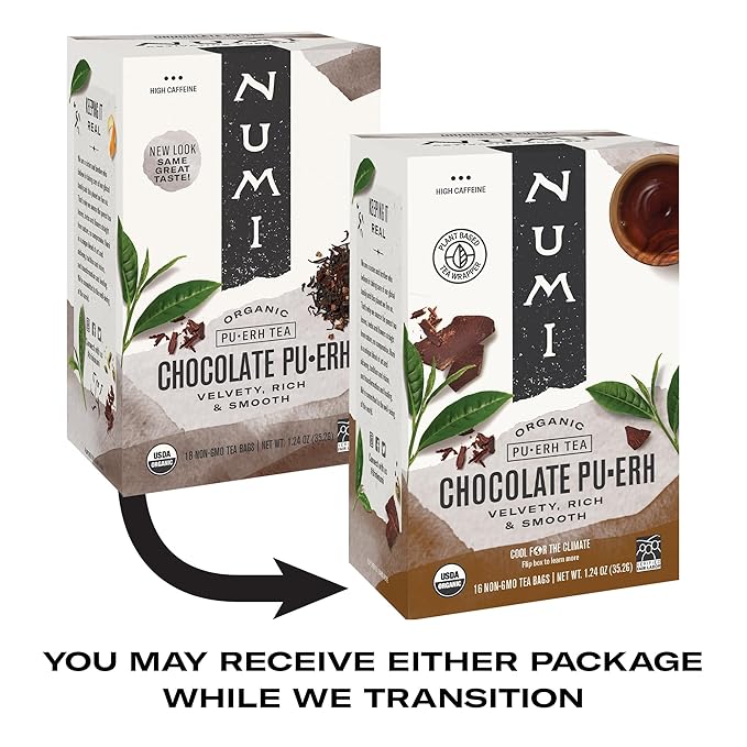Numi Organic Chocolate Pu-erh Tea, 16 Tea Bags, Aged Yunnan Pu-erh Black Tea with Cocoa & Orange