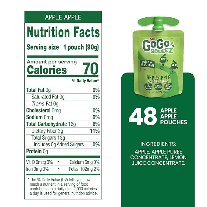 GoGo squeeZ Applesauce and Fruit Puree, Apple Apple, 3.2 oz (Pack of 48), Unsweetened Fruit Snacks