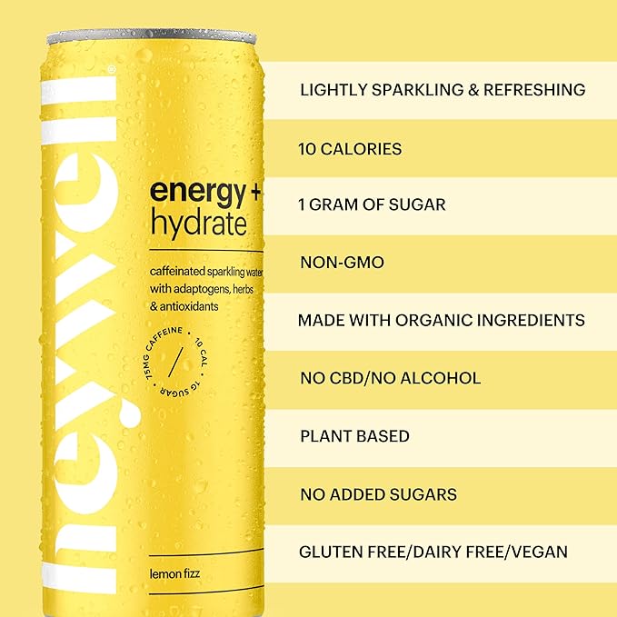 Heywell Sparkling Adaptogenic Water Energy and Focus, Lemon Fizz Flavor 12 Fluid Ounce (Pack of 12)